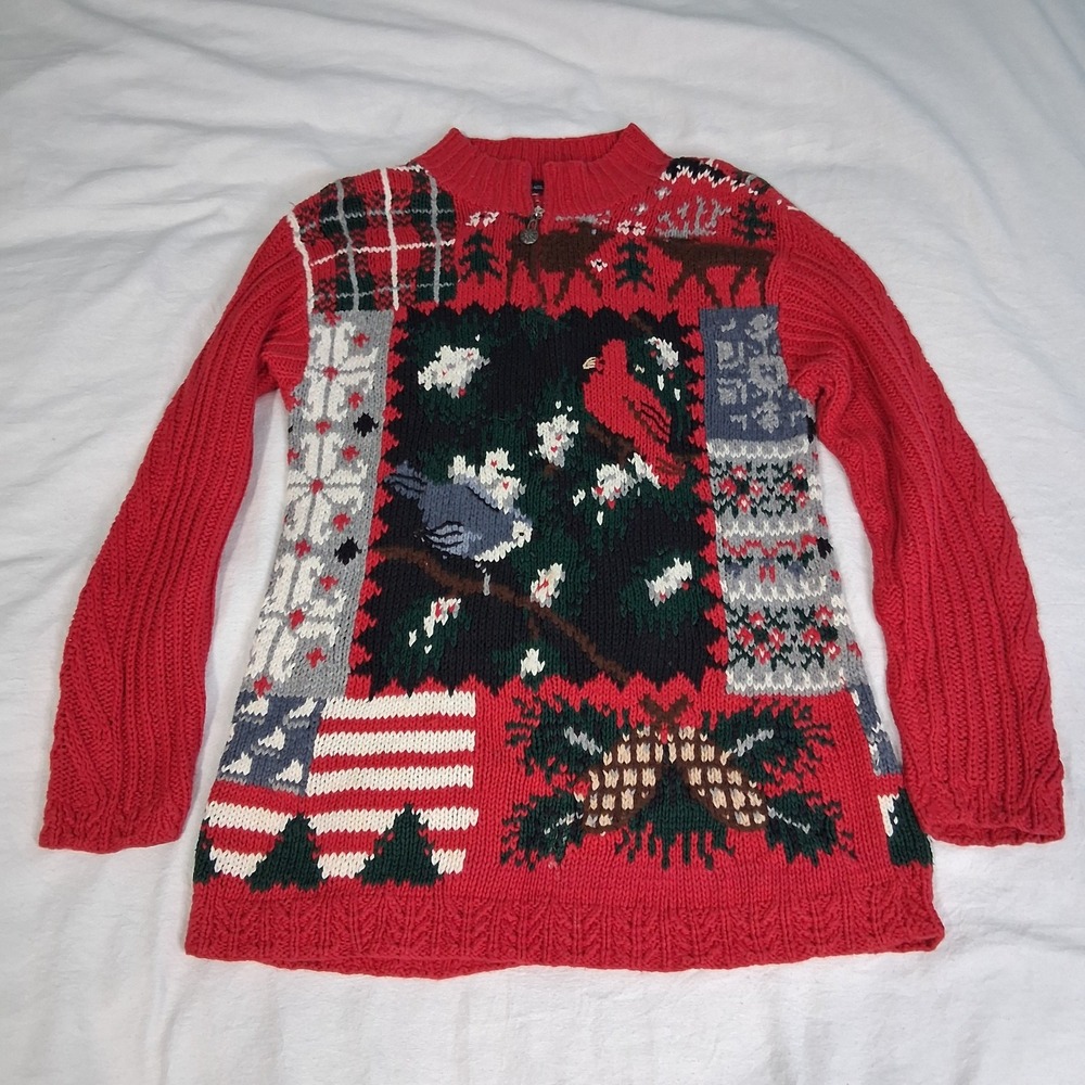 Vintage Eagles Eye Heavy Chunky Knit Deer Trees Bird Sweater‎ Cabincore Holiday